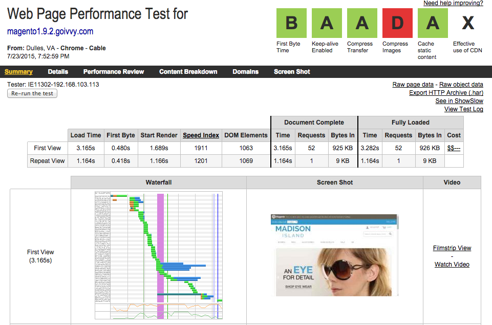 Magento 1.9.2 Homepage WebPageTest Result
