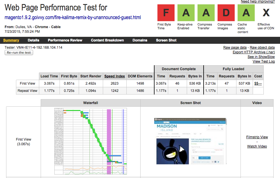 Magento 1.9.2 Downloadable Product Page WebPageTest Result