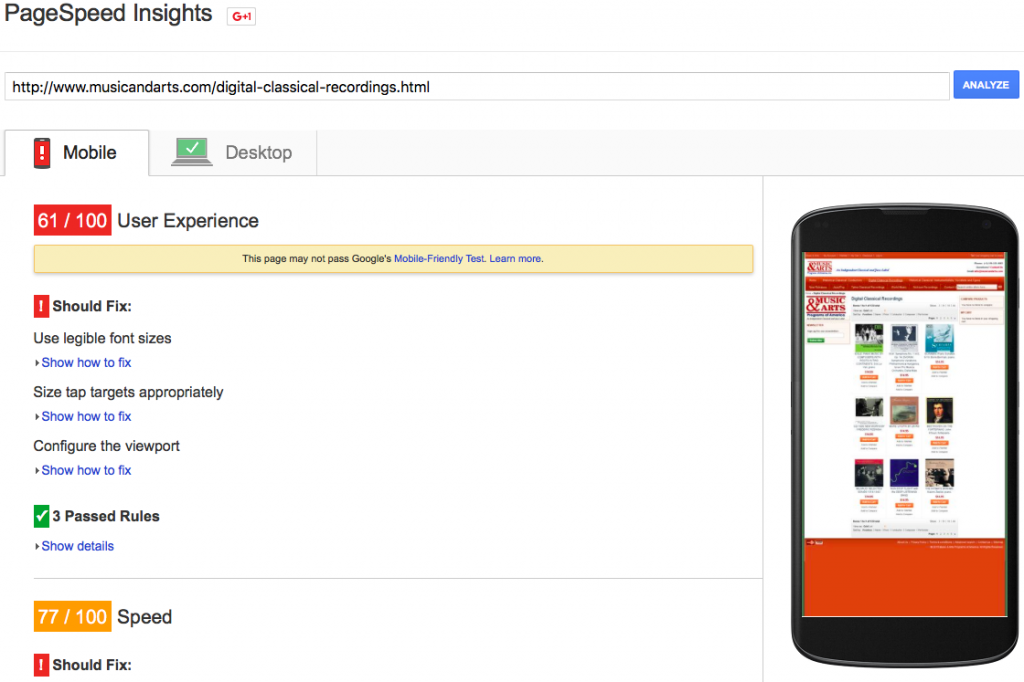 Magento websites with the highest Google Page Speed Scores | www.musicandarts.com | Mobile View | Goivvy.com