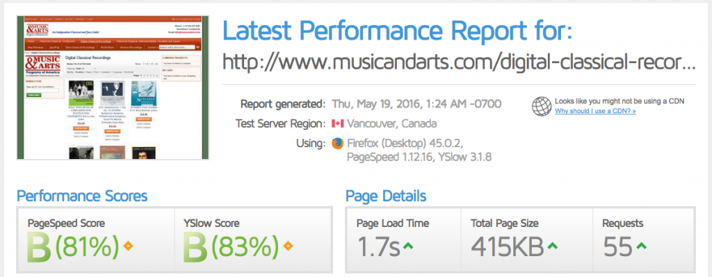 Magento websites with the highest Google Page Speed Scores | www.musicandarts.com | Page Load Time | Goivvy.com
