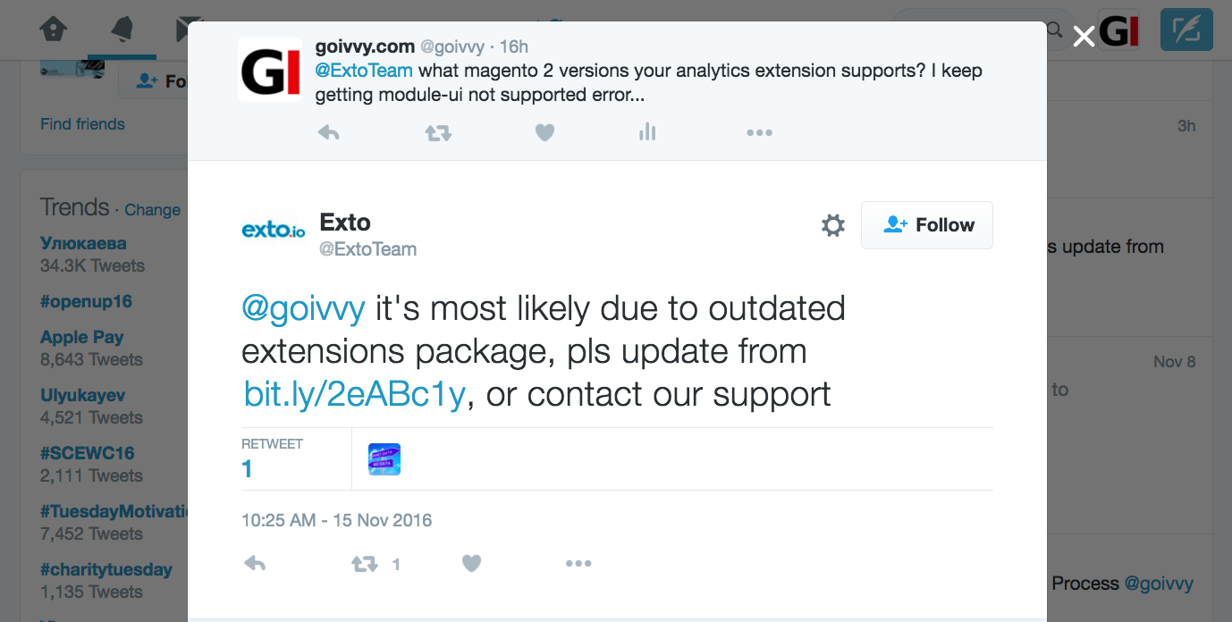 Exto Analytics module-ui conflict twitter conversation
