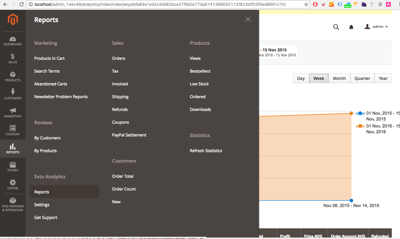 Exto Analytics Magento 2 menu