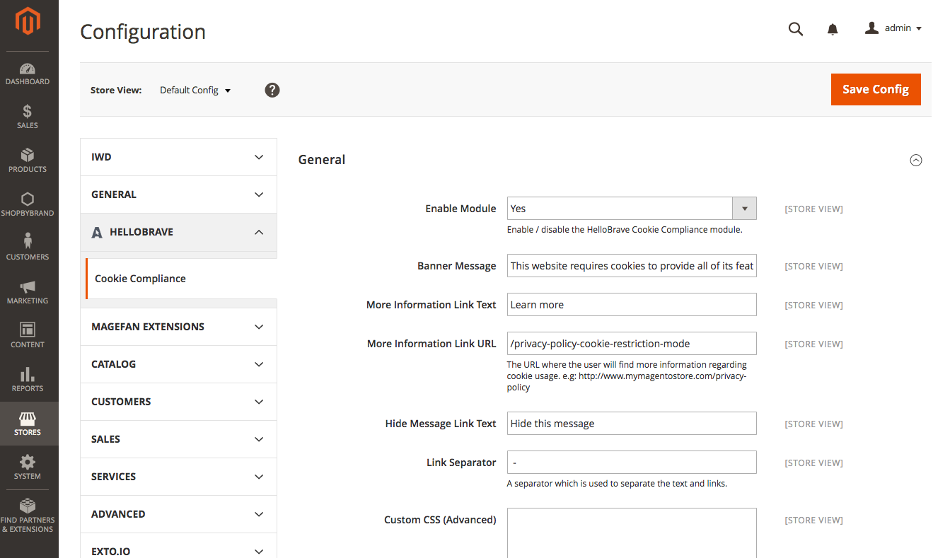 EU Cookie Compliance extension configuration page