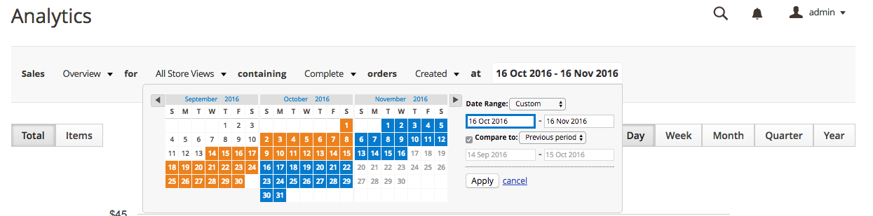 Compare two date ranges with Exto Analytics magento 2 extension