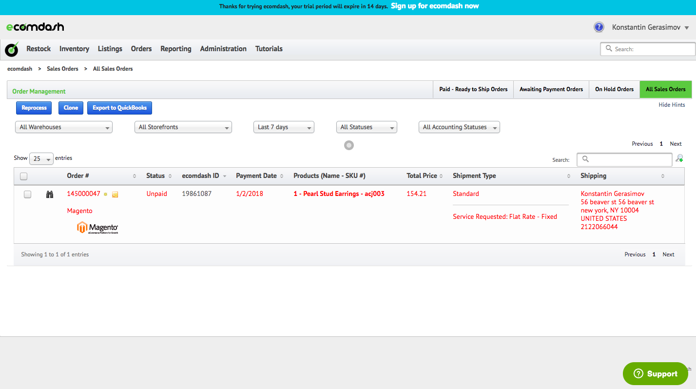 Ecomdash will not load past orders