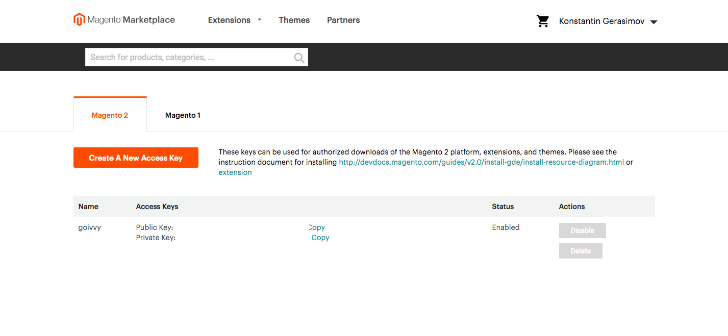 Access Keys Magento Marketplace