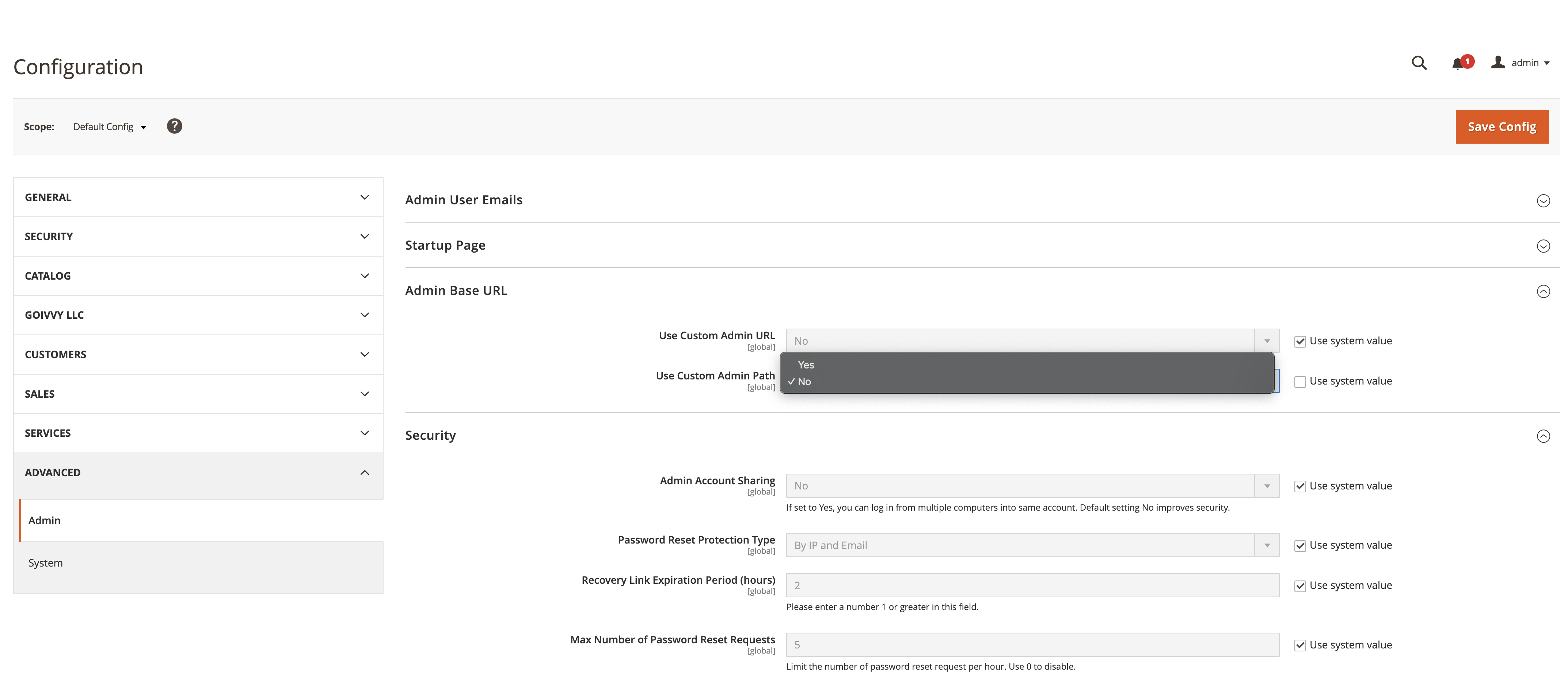 Use Custom Admin URI