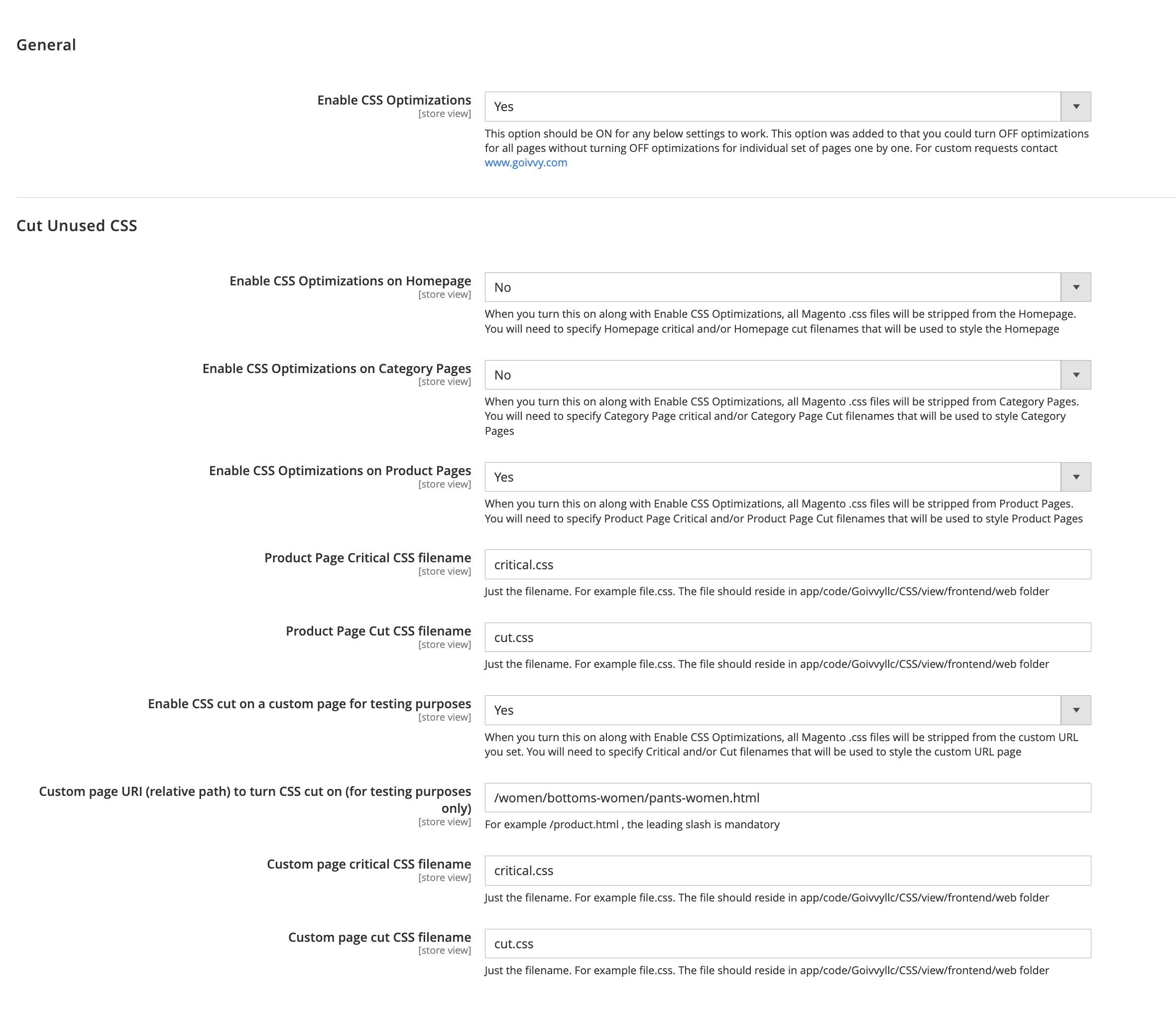 Cut and Critical CSS module configuration page.
