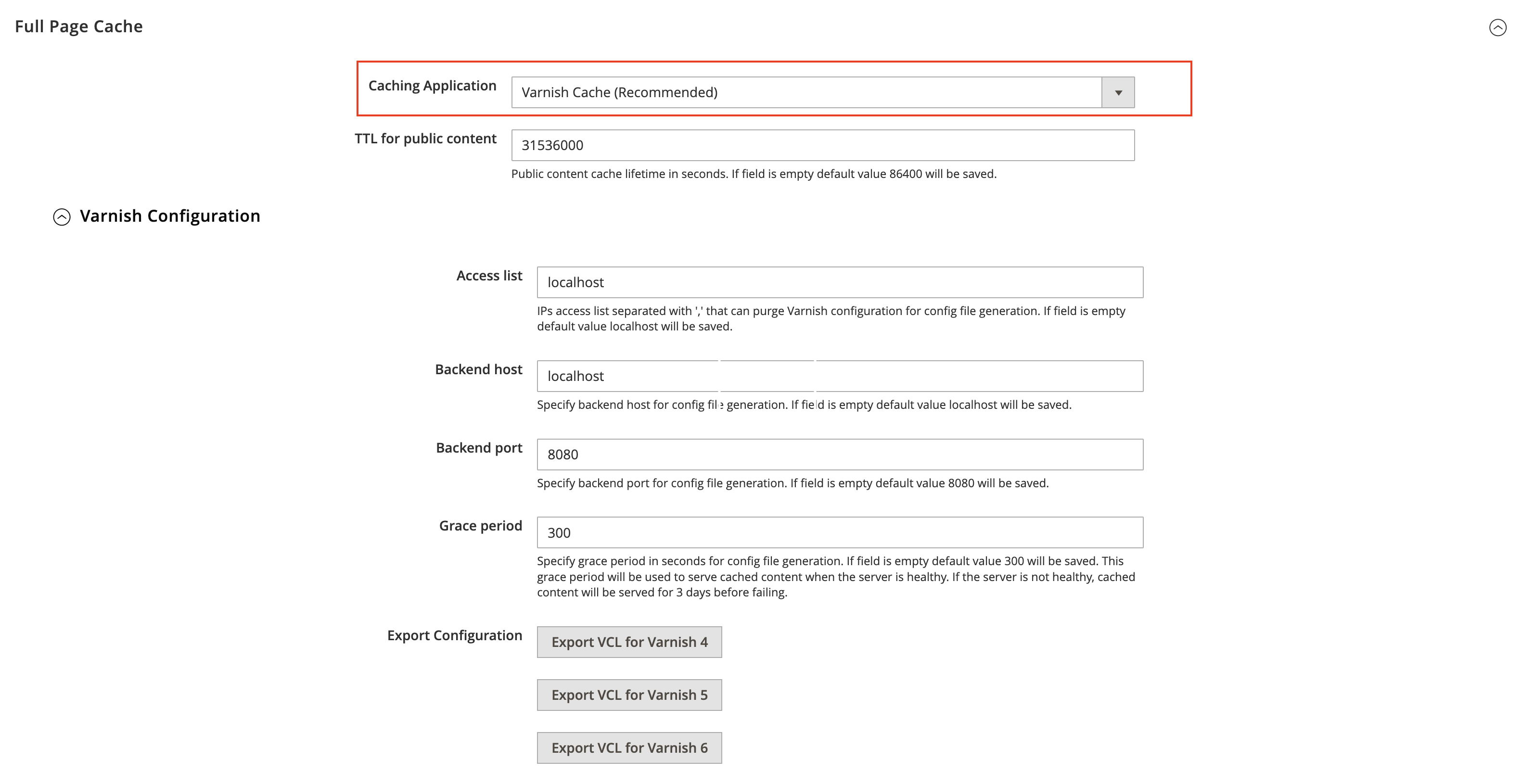 Full Page Cache Application Setting