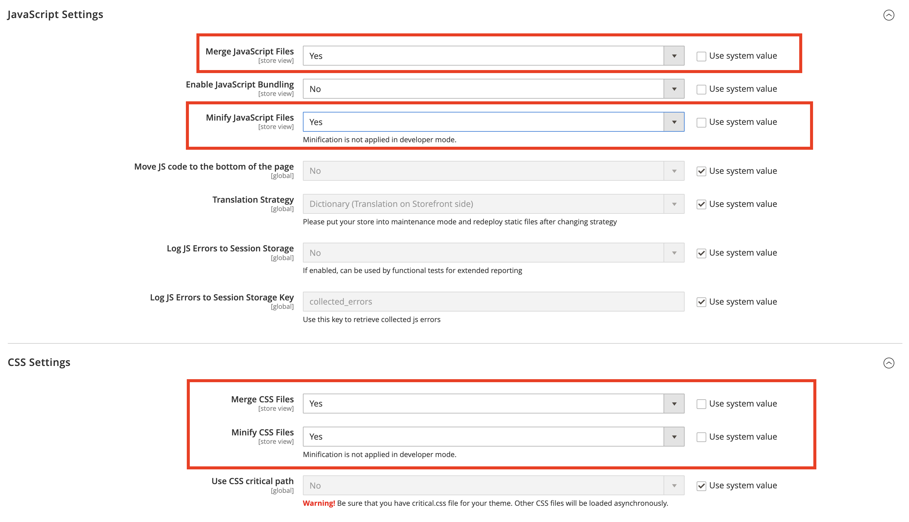 Merge and Minify Settings in Magento 2 backend
